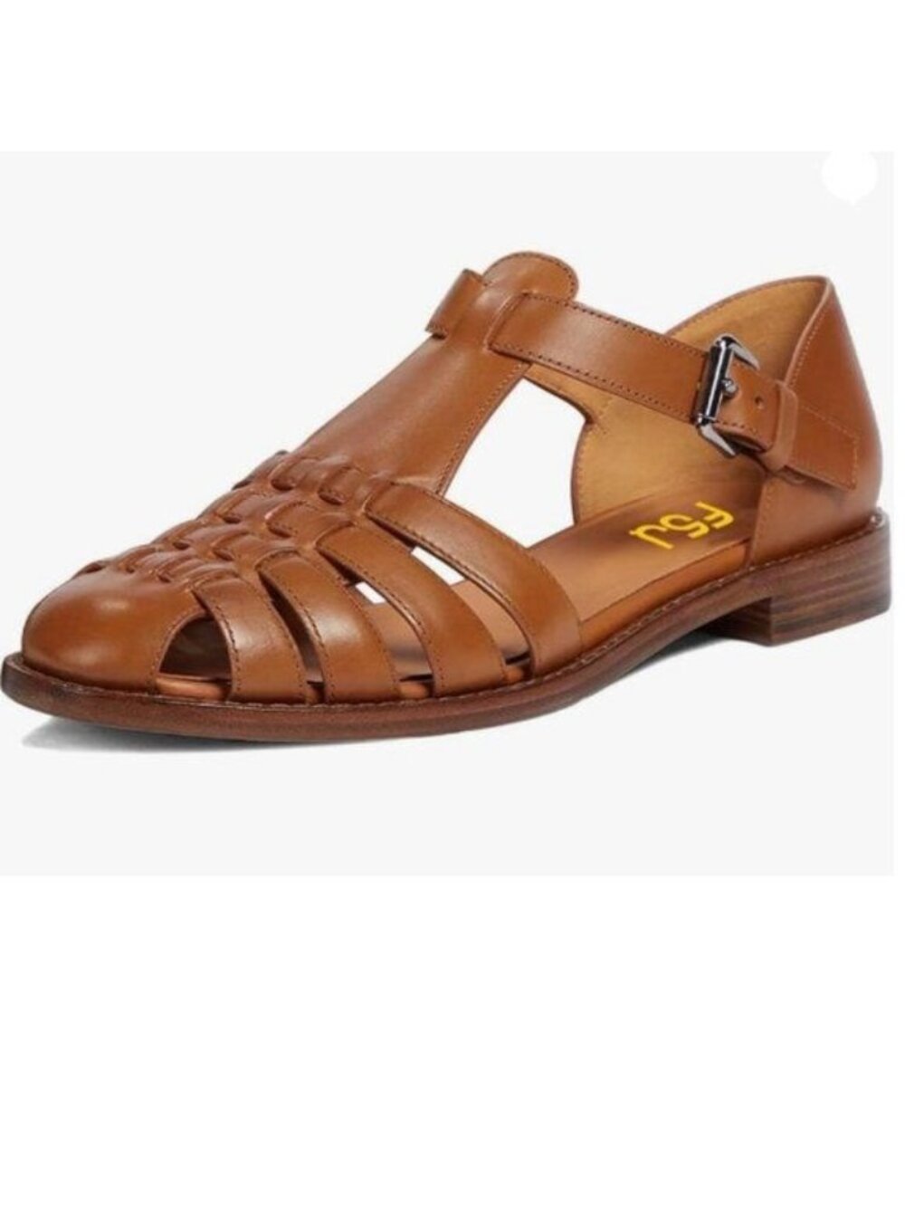 FSJ Women Retro Closed Toe Flats Sandals Low Block Heel Woven Roman Brown